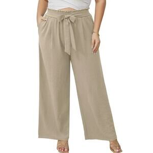 Showmall Beige Paperbag Waist Tie Wide Leg Casual Elastic Pants Women’s 3X NEW